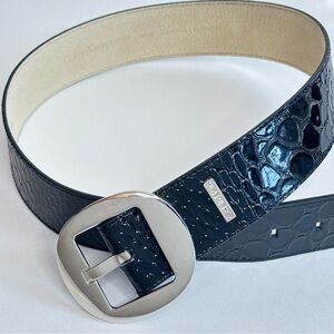 Calvin Klein Black Patent Leather Reptile Embossed Belt Silver Square Buckle NWT